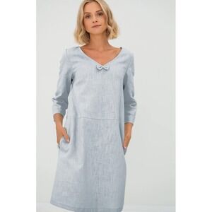 Le Muse Linen Stonewashed Dress Lagenlook Coastal XL Light Blue V-Neck